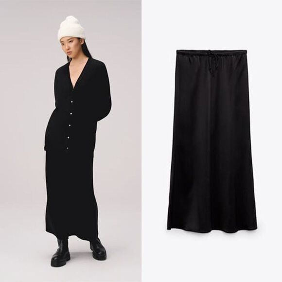 ZARA Drawstring Satin Flowy Wide Leg Palazzo Pants Black Women's XS NEW - Picture 1 of 8